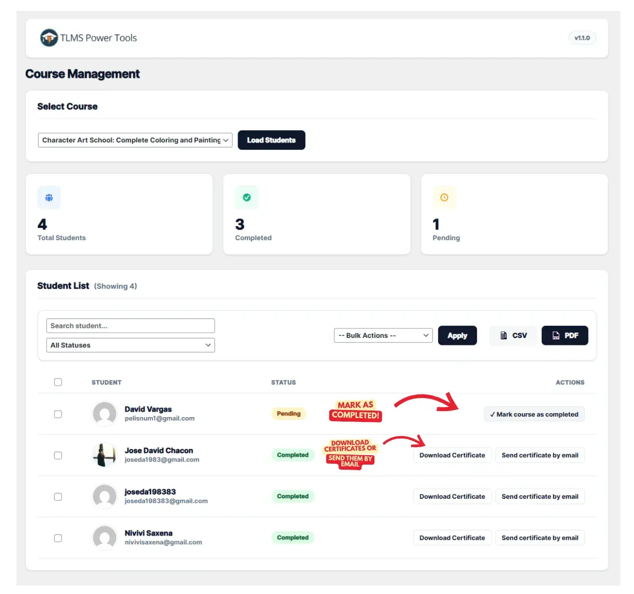 TLMS Power Tools Dashboard showing student progress metrics