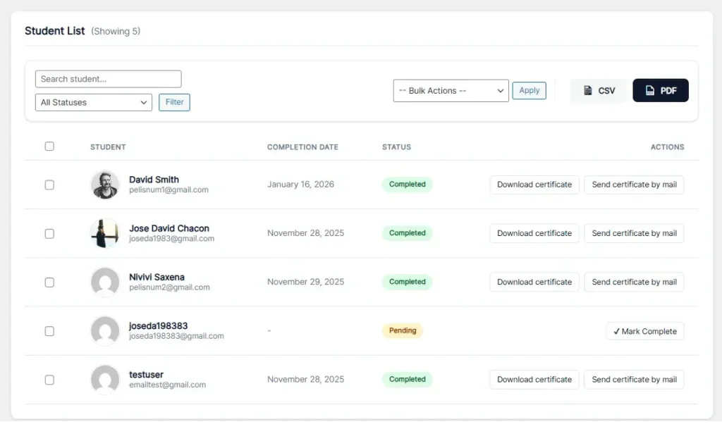 Admin button to download certificate in Tutor LMS